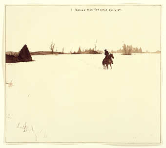 A silhouette image of a cowboy, riding horseback in field in front of a tree line.