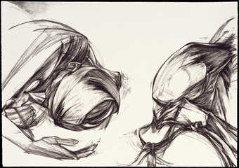 Figural images drawn with lithographic crayon, printed in black