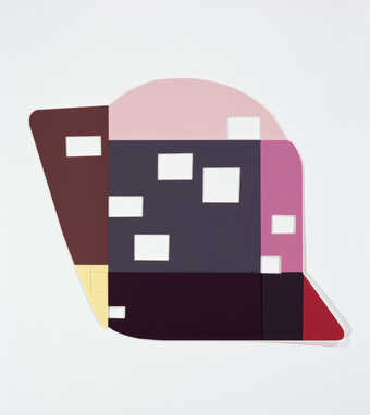 a collage of various colored geometric shapes, rectangular  voids are cut through the work.