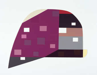 a collage of various colored geometric shapes, rectangular  voids are cut through the work.