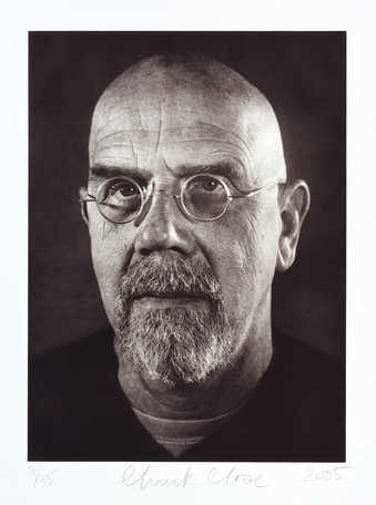 A large black and white self-portrait