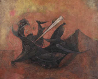 abstract representation of a wounded animal screaming in pain lying on its back with a  spear...