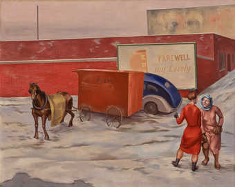 two women standing on a street talking, mid and background horse pulling a red wagon that has a...