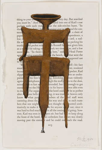 A page from a book on to which a gold symbol has been painted.