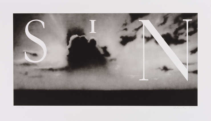 An image of the word SIN over a grey overcast sky.  A two color lithograph printed from two...