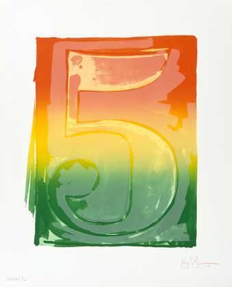 An image of the figure five printed in orange, yellow, and green.  A lithograph from one stone...