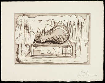 A black and white image of a light bulb on a small pedestal.  An intaglio from one copper plate