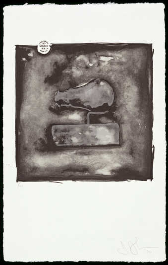 An image of a lightbulb on its side supported above a small pedestal.  A ltithograph from three...