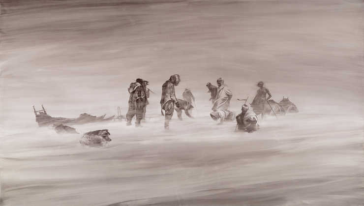 Group of Arabs and Eskimos caught in a snow/sand storm