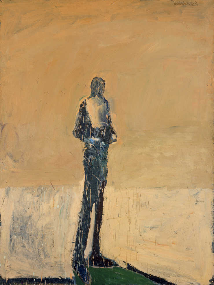 full length figure shown in silhouette stnading on a patch of green in front of an orange beige...