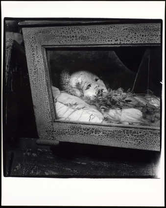 An image of a mummified body in a glass-walled casket.