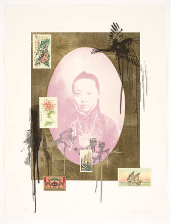A oval formatted portrait of 19th century Chinese female prostitute, surrounded by gold leaf. ...