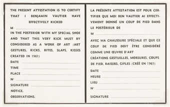 Black print on white paper. Certificate in English and French verifying the time and place of kick.