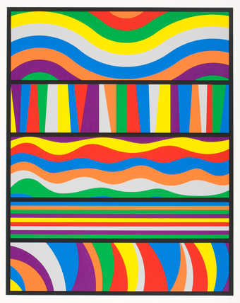 A screenprint from 9 screens. Various multicolored bands.