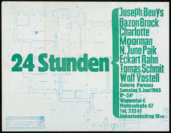 Green text over an architectural blue print on white paper; poster for a happening, 24 Stunden,...