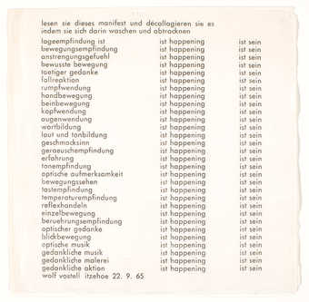 Black print on a white napkin.  Manifesto on happenings, and "event score" in one...