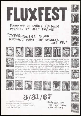 Black print on white paper;  folded in half; a program for Fluxfest, a festival organized by Jeff...