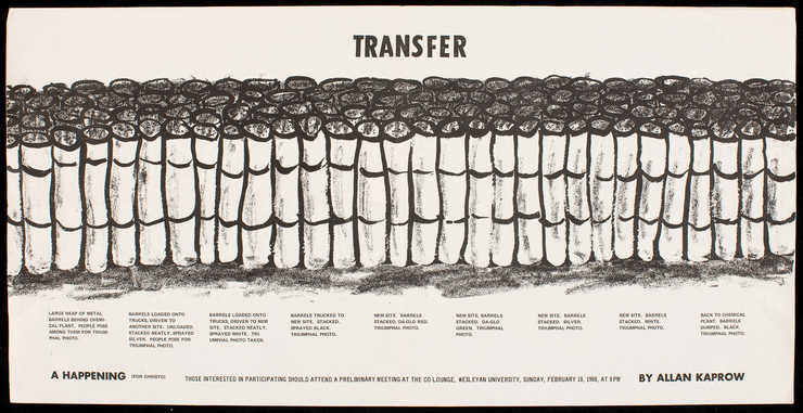 Black print on white paper.  A announcement for Transfer, a happening that involved the transfer...
