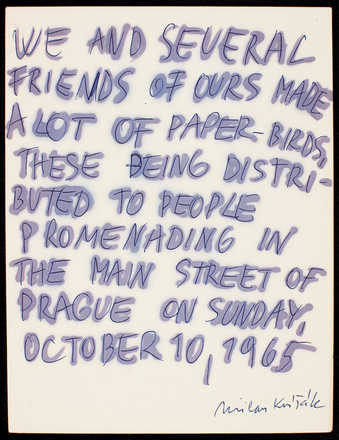 Handwritten text on white paper. Description of an event in Prague, Oct. 10, 1965.