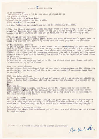 Black type on white paper; folded. Score for an event. Typos corrected with blue ballpoint ink.