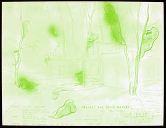 White cardstock with green and black print. Drawing of a project.