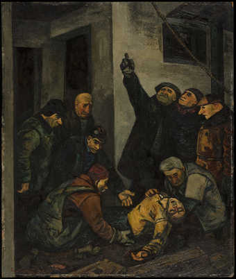 group of men surrounding the body of a dead man.  To men are lifting the body and one is pointing...