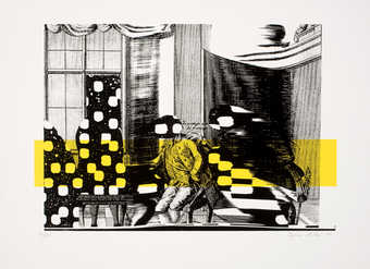 glossy black image on white background with wide yellow bar horizontally through the lower quadrant