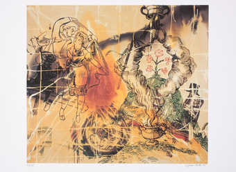 An image that refers Polke's Magic Latern series from 1988.  The print contains images of a...