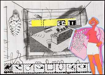 An image of family seated on a couch watching television, to the right an image of a man holding...