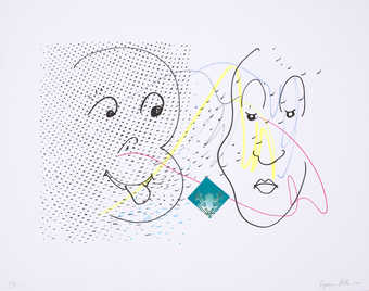 A line drawn image of two cartoon like faces