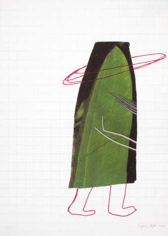 An image of a banana leaf cut to the shape of a skirt.  Drawn in red below skirt are two feet. ...