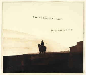A silhouette image of a cowboy holding a rifle, riding horseback away  from a barn.  In brown ink...