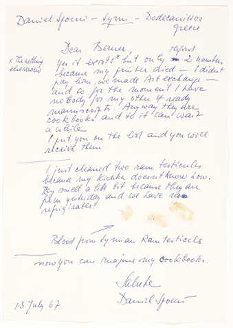 Blue ink on white paper with 3 ram's blood fingerprints. Handwritten letter from Spoerri to...