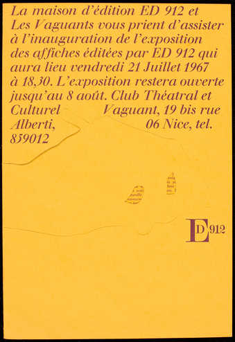 Purple print on yellow card stock, with die-cut print of a hand on the cover; folded; text is in...