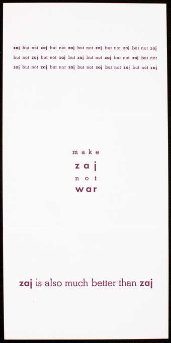 Maroon print on white card stock, folded in thirds, printed both sides.