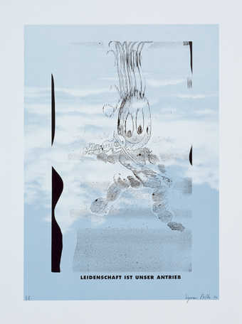 An image of a distorted cartoon-like figure with text across bottom.