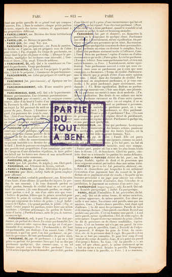 Page from a French dictionary wih rubber stamp and annotations in blue ink.