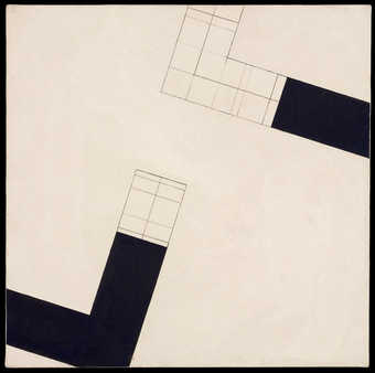 2 Black geometric shapes "L" shaped. Both shapes are partially solid black and...
