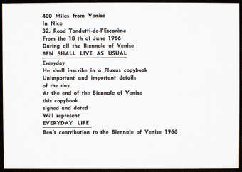 Black print on white linen paper. Text is in English. An announcement of Ben's...