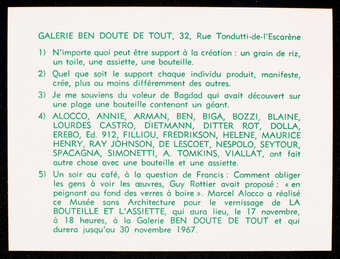 White card stock with green print.  Text is in French. Announcement/ invitation for an exhibition...