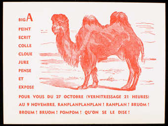 White card stock with red print, pictures a camel.  Text is in French. Invitation to an...