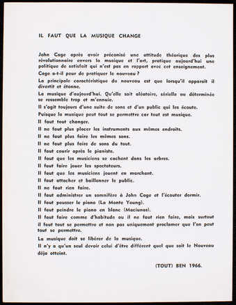 Black print on white card stock. Text is in French. A statement on music and a challenge to John...