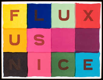 Four color on front, text "Fluxus Nice." Inside, black print on white card stock;...