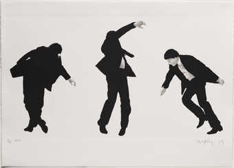 Three views of three suited men in different stages of falling.  Faux plate marks surround each...